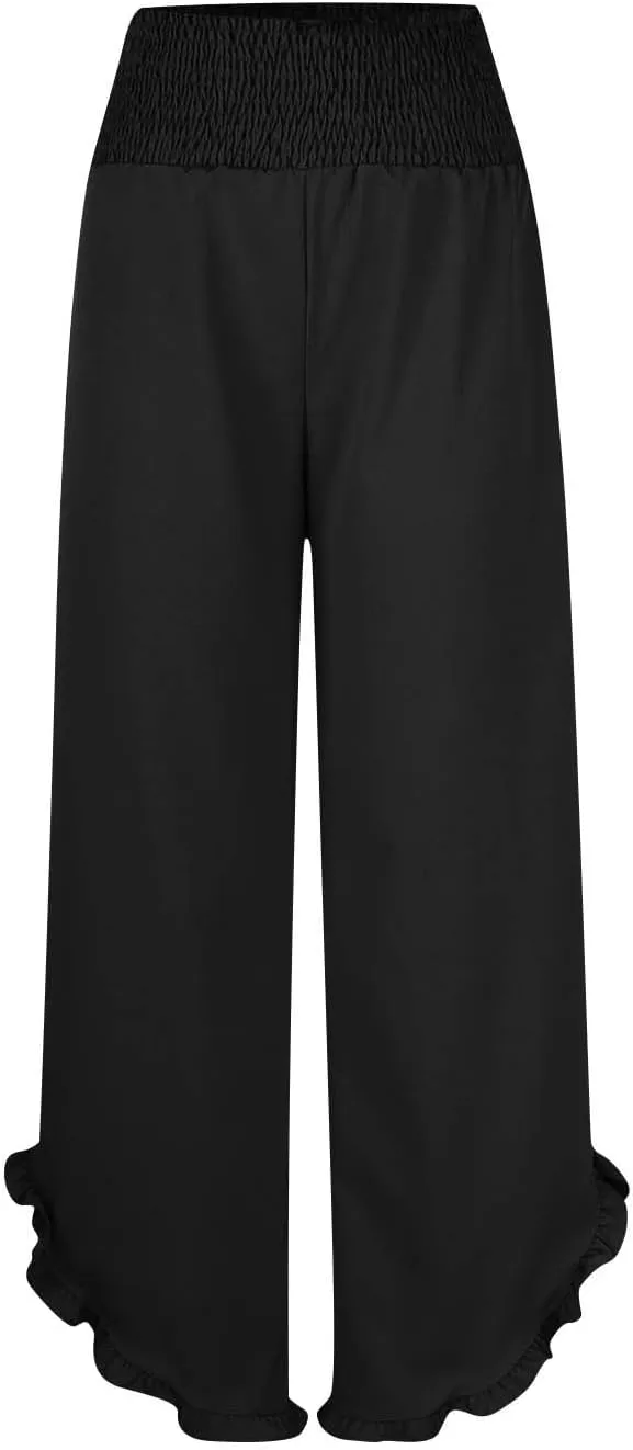 Palazzo Pants for Women Summer Linen Smocked Waist Wide Leg Pant Boho Flowy Ruffle Hem Casual Beach Vacation Trousers