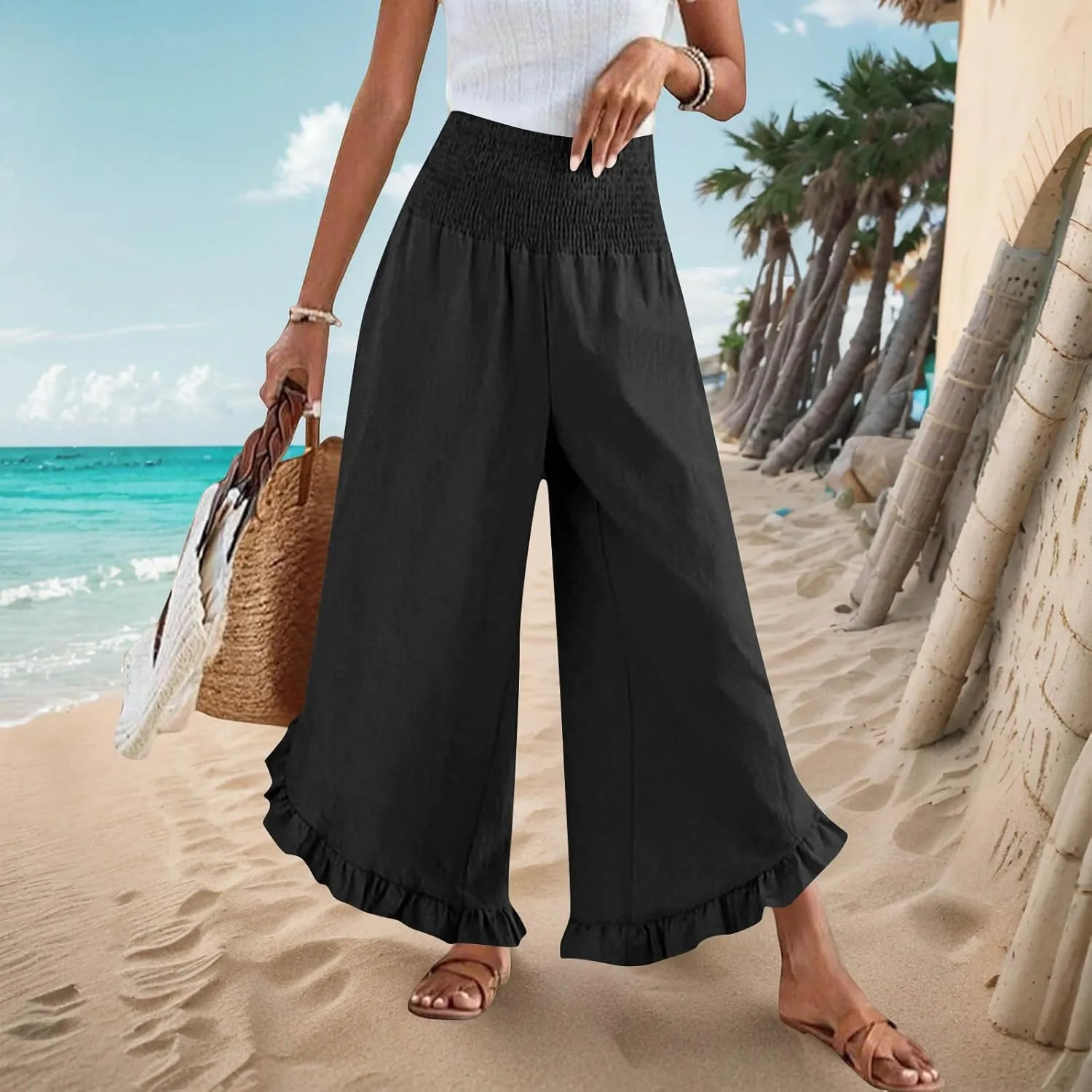 Palazzo Pants for Women Summer Linen Smocked Waist Wide Leg Pant Boho Flowy Ruffle Hem Casual Beach Vacation Trousers