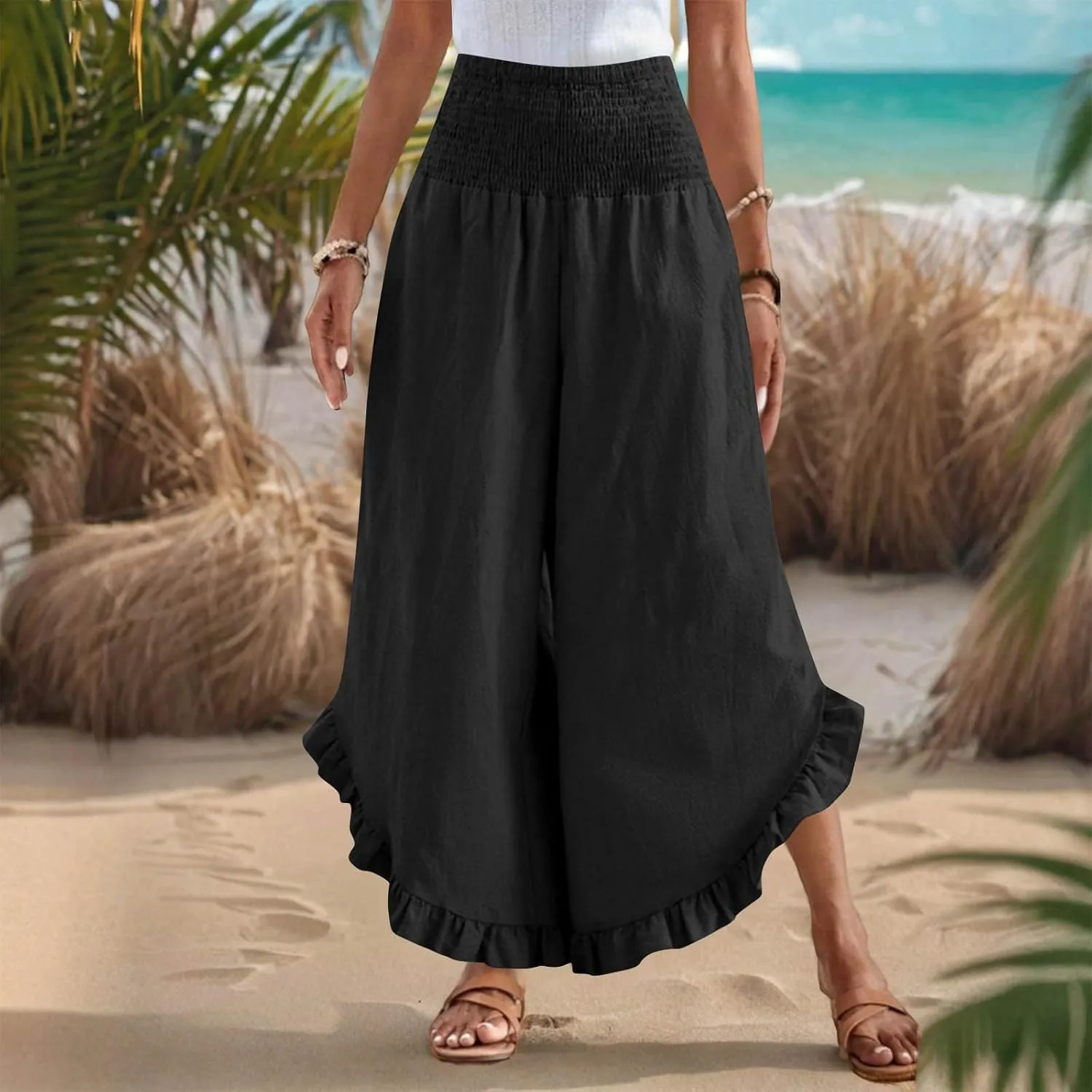 Palazzo Pants for Women Summer Linen Smocked Waist Wide Leg Pant Boho Flowy Ruffle Hem Casual Beach Vacation Trousers