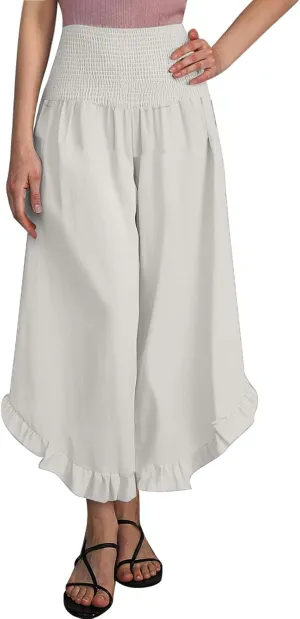 Palazzo Pants for Women Summer Smocked High Waisted Wide Leg Ruffle Hem Trousers Boho Flowy Beach Vacation Clothes