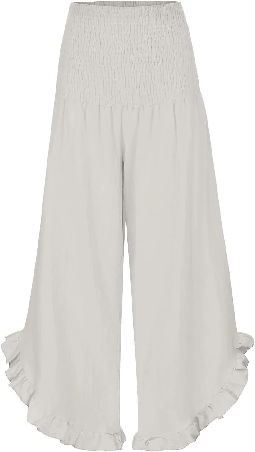 Palazzo Pants for Women Summer Smocked High Waisted Wide Leg Ruffle Hem Trousers Boho Flowy Beach Vacation Clothes