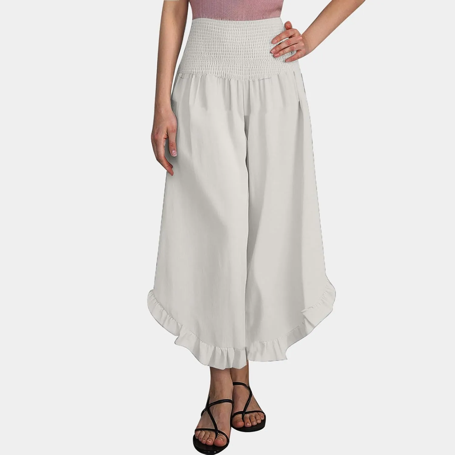 Palazzo Pants for Women Summer Smocked High Waisted Wide Leg Ruffle Hem Trousers Boho Flowy Beach Vacation Clothes