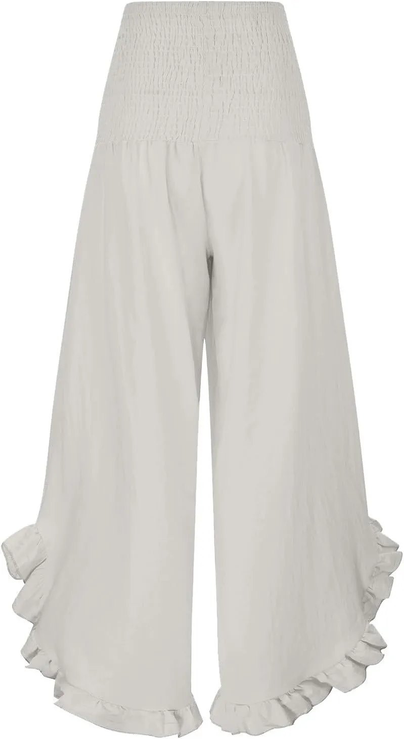 Palazzo Pants for Women Summer Smocked High Waisted Wide Leg Ruffle Hem Trousers Boho Flowy Beach Vacation Clothes
