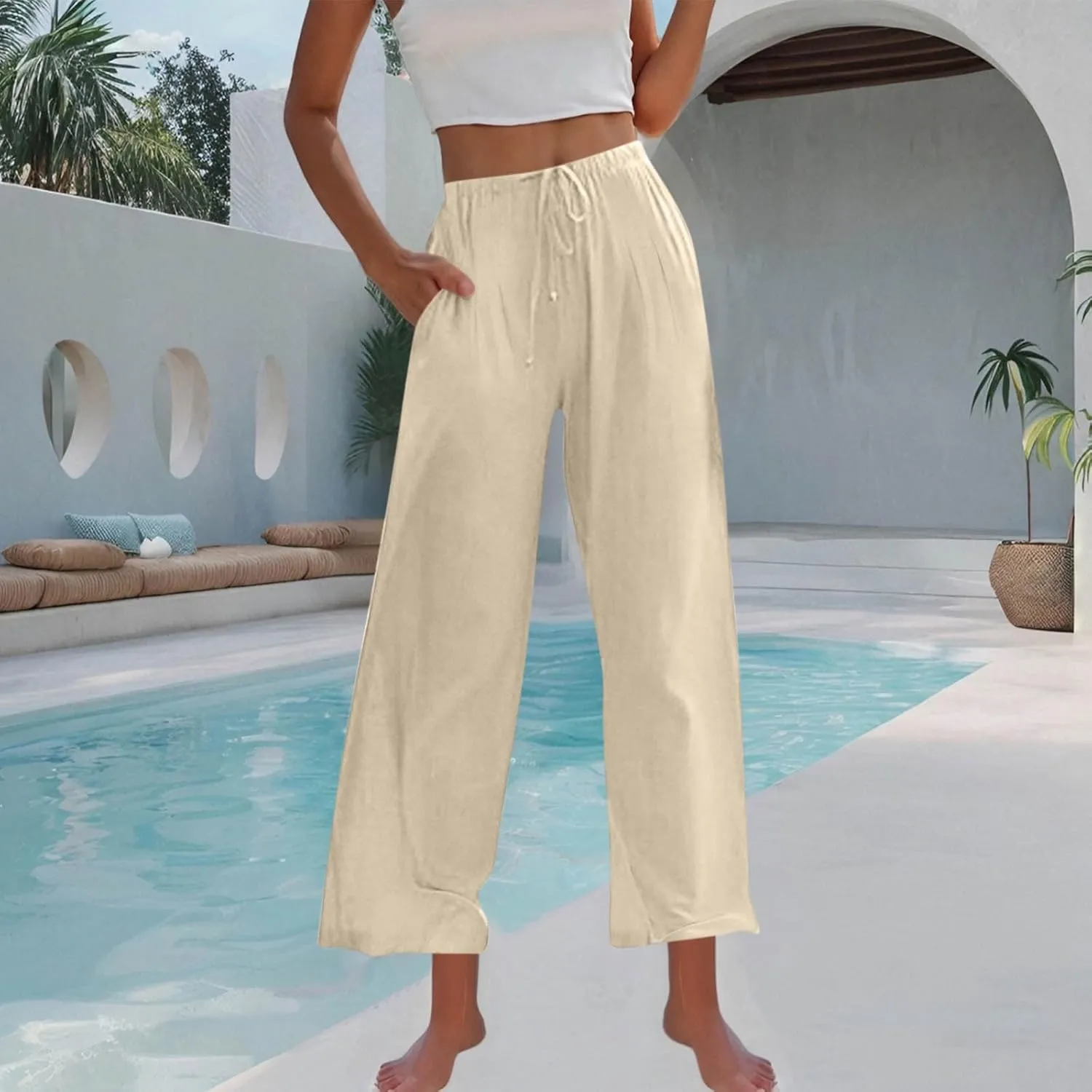 Palazzo Pants Womens High Waisted Straight Wide Leg Linen Trousers Lightweight Drawstring Elastic Flowy Summer Outfits