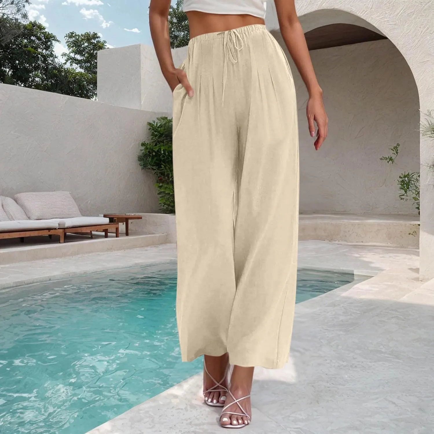 Palazzo Pants Womens High Waisted Straight Wide Leg Linen Trousers Lightweight Drawstring Elastic Flowy Summer Outfits