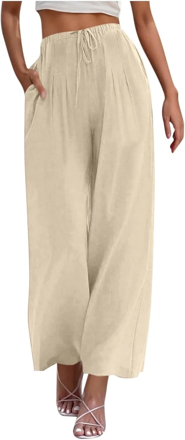 Palazzo Pants Womens High Waisted Straight Wide Leg Linen Trousers Lightweight Drawstring Elastic Flowy Summer Outfits
