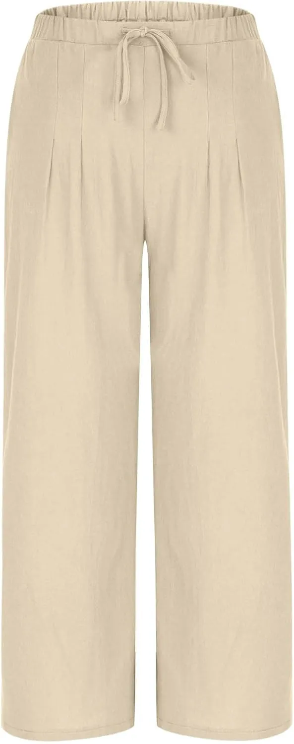 Palazzo Pants Womens High Waisted Straight Wide Leg Linen Trousers Lightweight Drawstring Elastic Flowy Summer Outfits