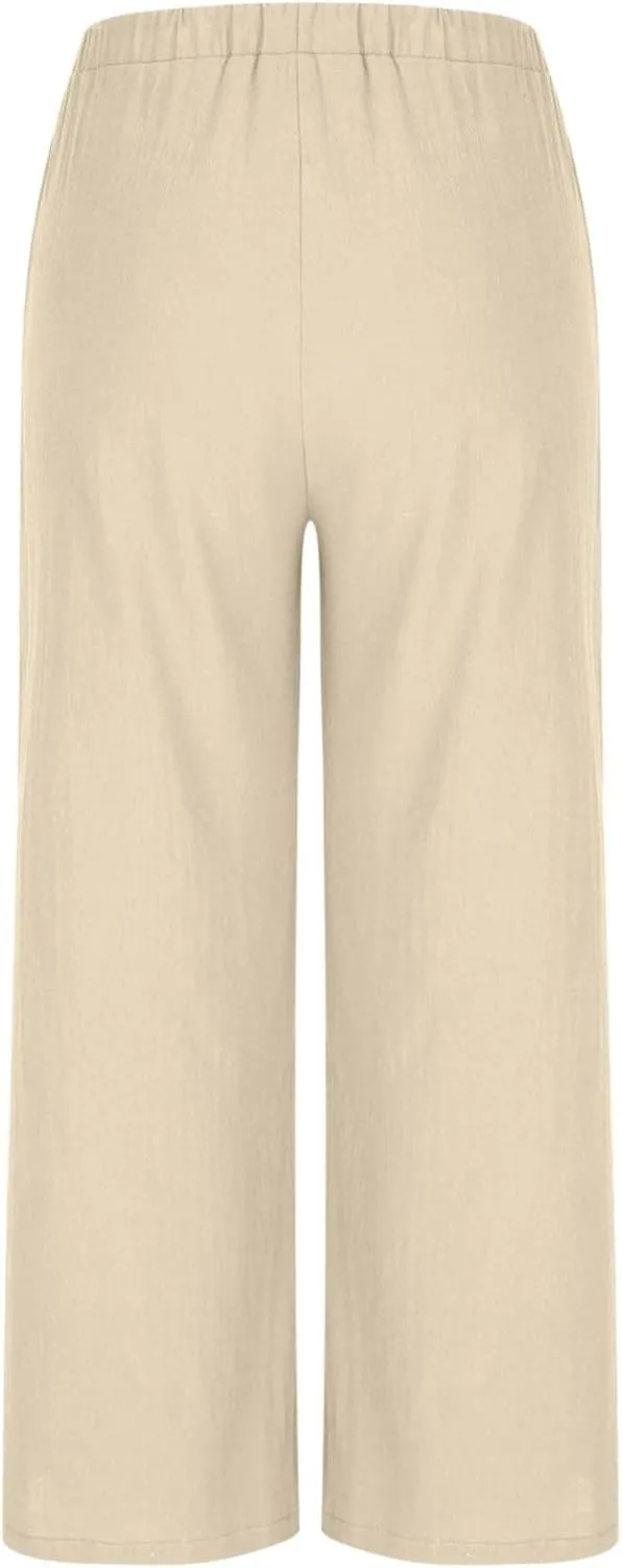 Palazzo Pants Womens High Waisted Straight Wide Leg Linen Trousers Lightweight Drawstring Elastic Flowy Summer Outfits