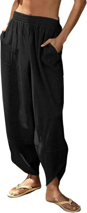 Peaceglad Cotton Linen Harem Pants with Pockets Palazzo Pants for Women Causal Cropped Wide Leg Trousers