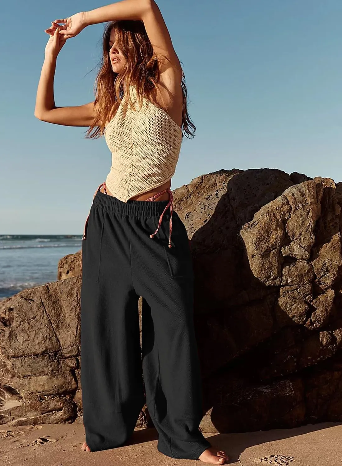 Peaceglad Cotton Linen Harem Pants with Pockets Palazzo Pants for Women Causal Cropped Wide Leg Trousers