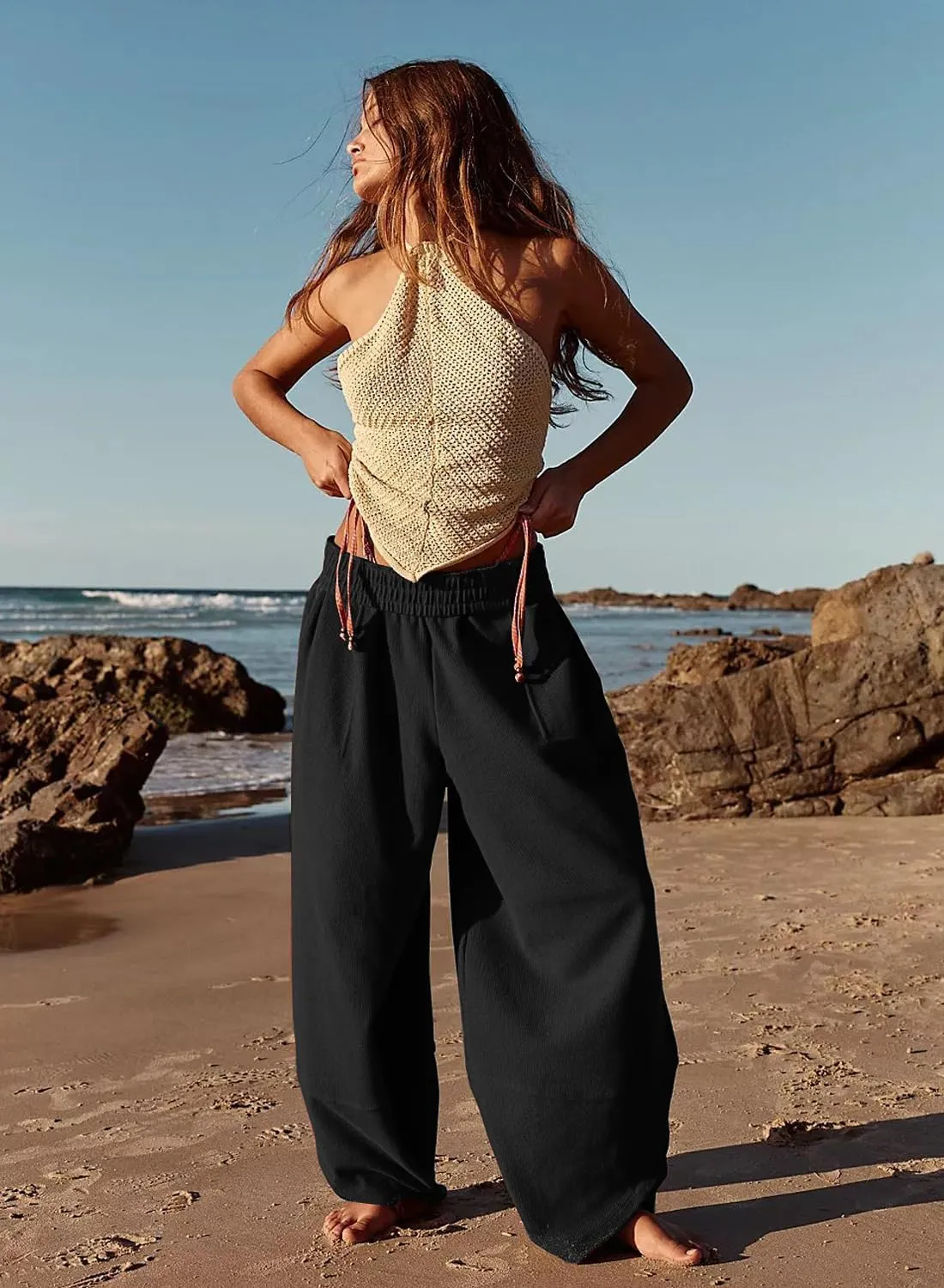 Peaceglad Cotton Linen Harem Pants with Pockets Palazzo Pants for Women Causal Cropped Wide Leg Trousers