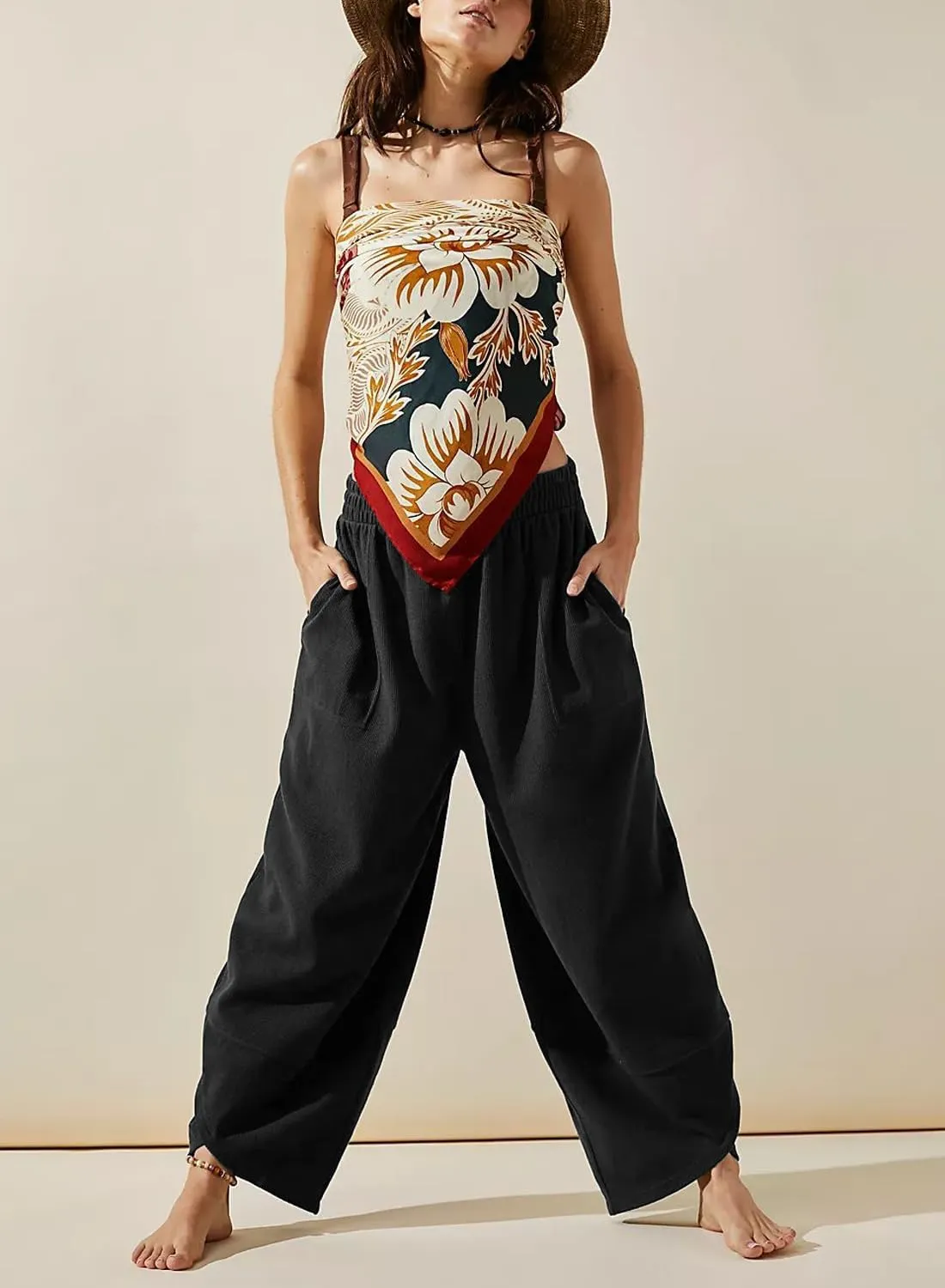 Peaceglad Cotton Linen Harem Pants with Pockets Palazzo Pants for Women Causal Cropped Wide Leg Trousers
