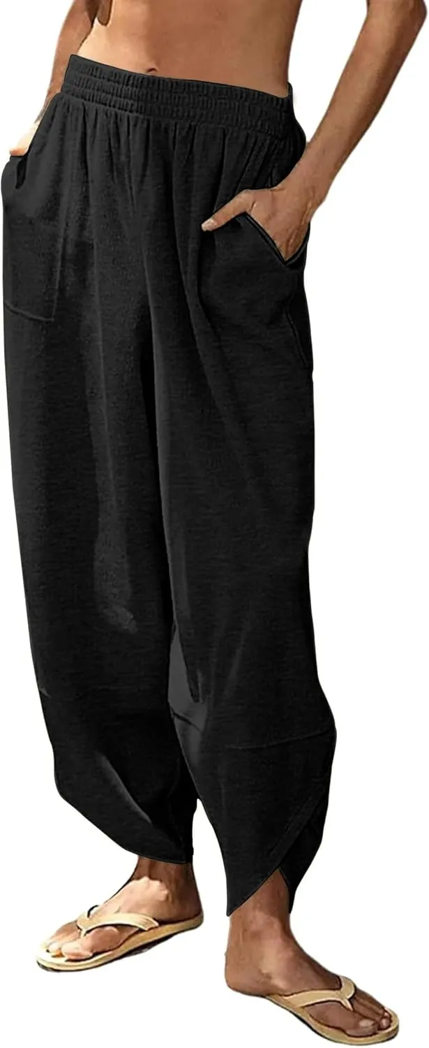 Peaceglad Cotton Linen Harem Pants with Pockets Palazzo Pants for Women Causal Cropped Wide Leg Trousers
