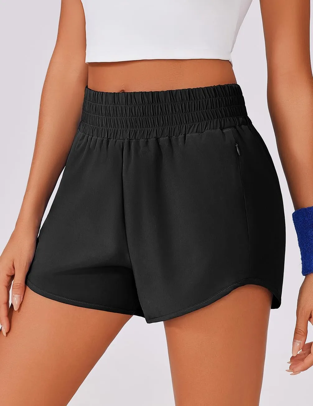 PINSPARK High Waisted Running Shorts for Women 3" Inseam Mesh Liner Quick Dry Sport Athletic Workout Shorts with Zip Pockets