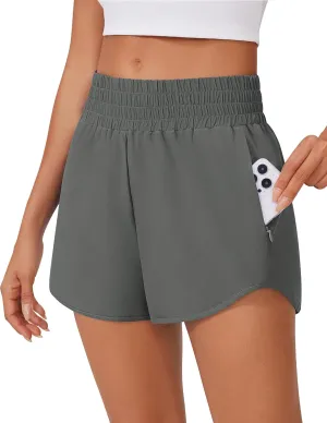 PINSPARK High Waisted Running Shorts for Women 3" Inseam Mesh Liner Quick Dry Sport Athletic Workout Shorts with Zip Pockets