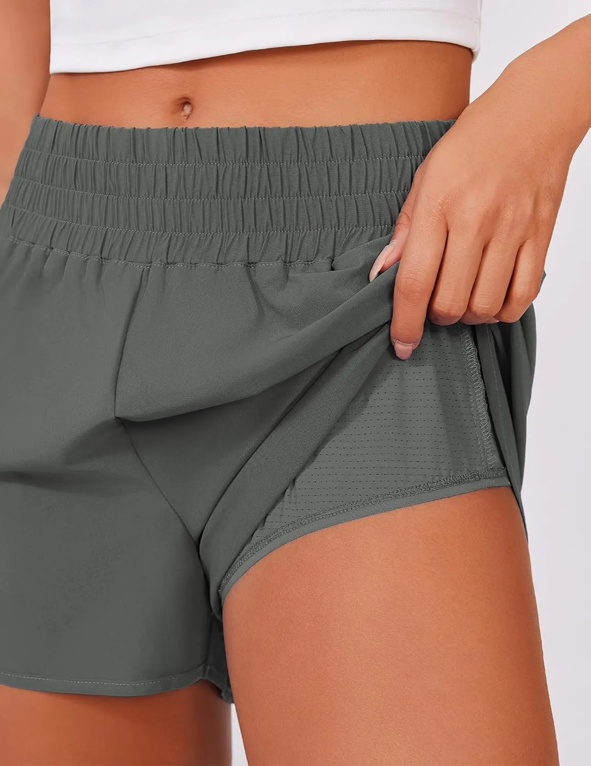 PINSPARK High Waisted Running Shorts for Women 3" Inseam Mesh Liner Quick Dry Sport Athletic Workout Shorts with Zip Pockets