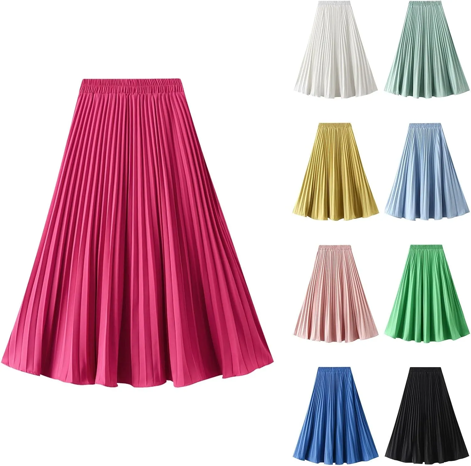 Pleated Flowy Long Maxi Skirts for Women Summer Casual Boho Beach Skirt Solid Color High Waisted Swing Tiered A-Line Skirt