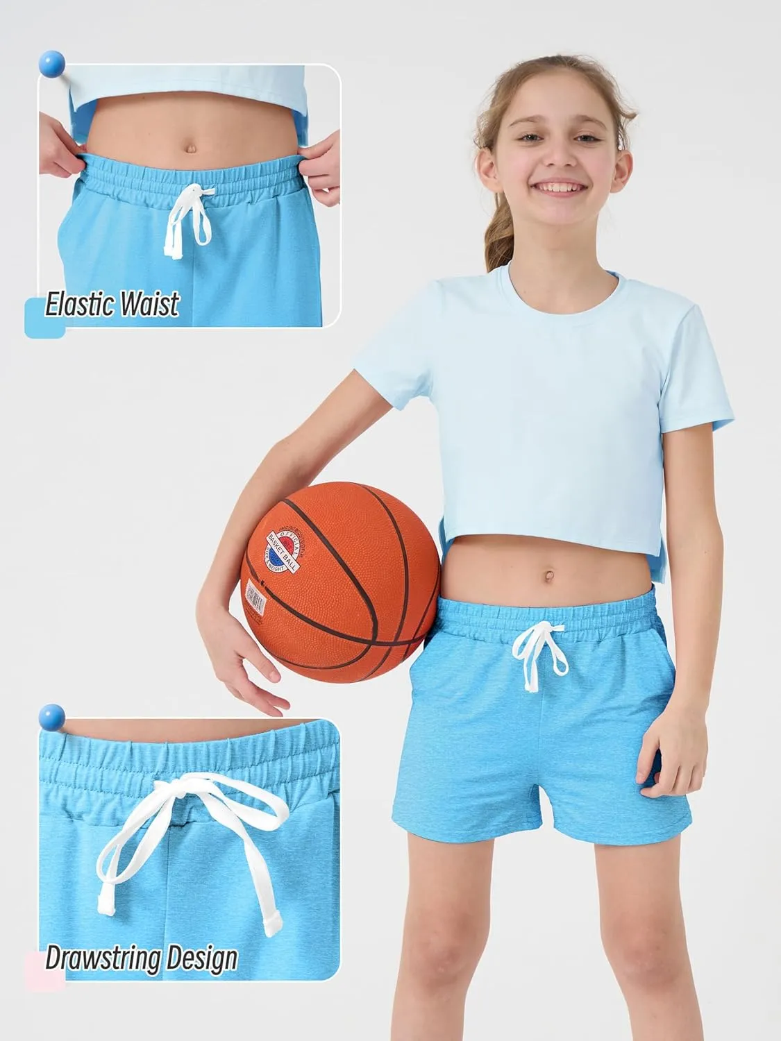 QWE 5 Pack Girls Athletic Shorts-Soccer Basketball Shorts for Teens, Youth Quick-Dry Activewear with Drawstring Pockets