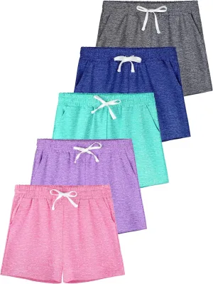 QWE 5 Pack Girls Athletic Shorts-Soccer Basketball Shorts for Teens, Youth Quick-Dry Activewear with Drawstring Pockets