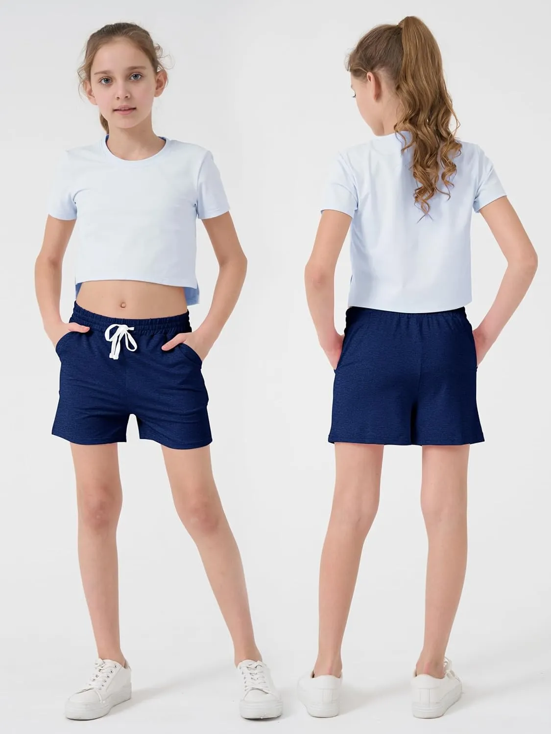 QWE 5 Pack Girls Athletic Shorts-Soccer Basketball Shorts for Teens, Youth Quick-Dry Activewear with Drawstring Pockets