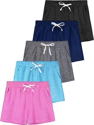 QWE 5 Pack Girls Athletic Shorts-Soccer Basketball Shorts for Teens, Youth Quick-Dry Activewear with Drawstring Pockets