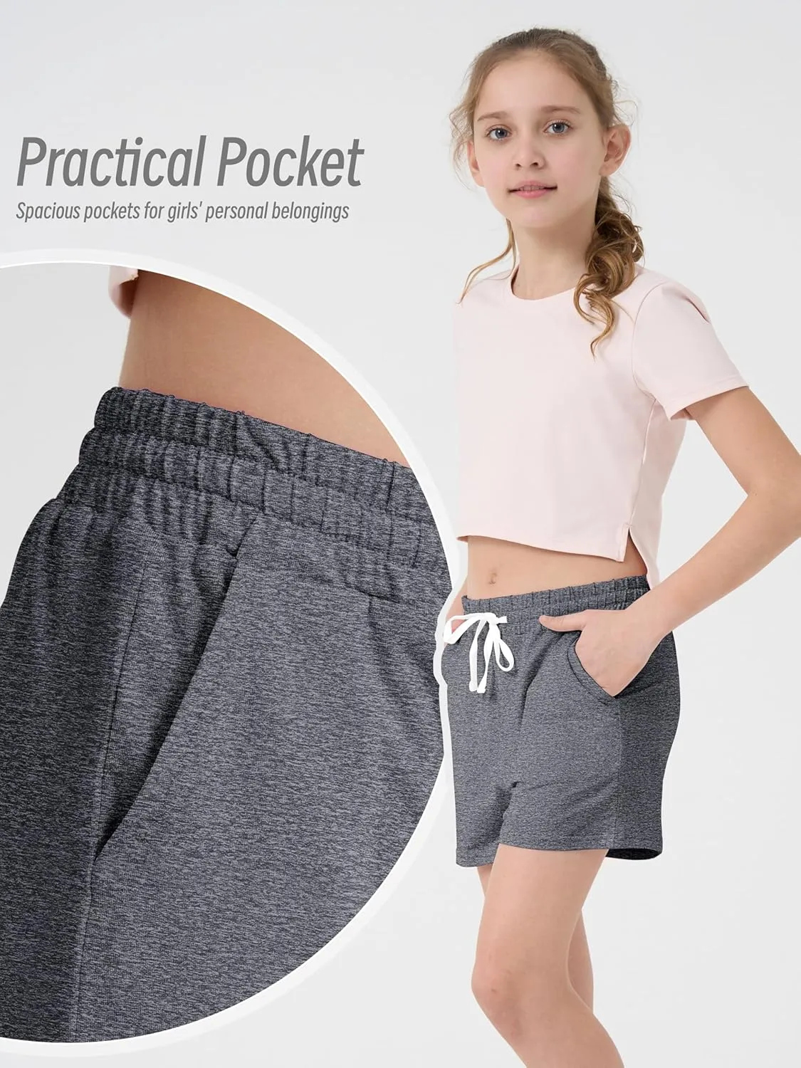 QWE 5 Pack Girls Athletic Shorts-Soccer Basketball Shorts for Teens, Youth Quick-Dry Activewear with Drawstring Pockets