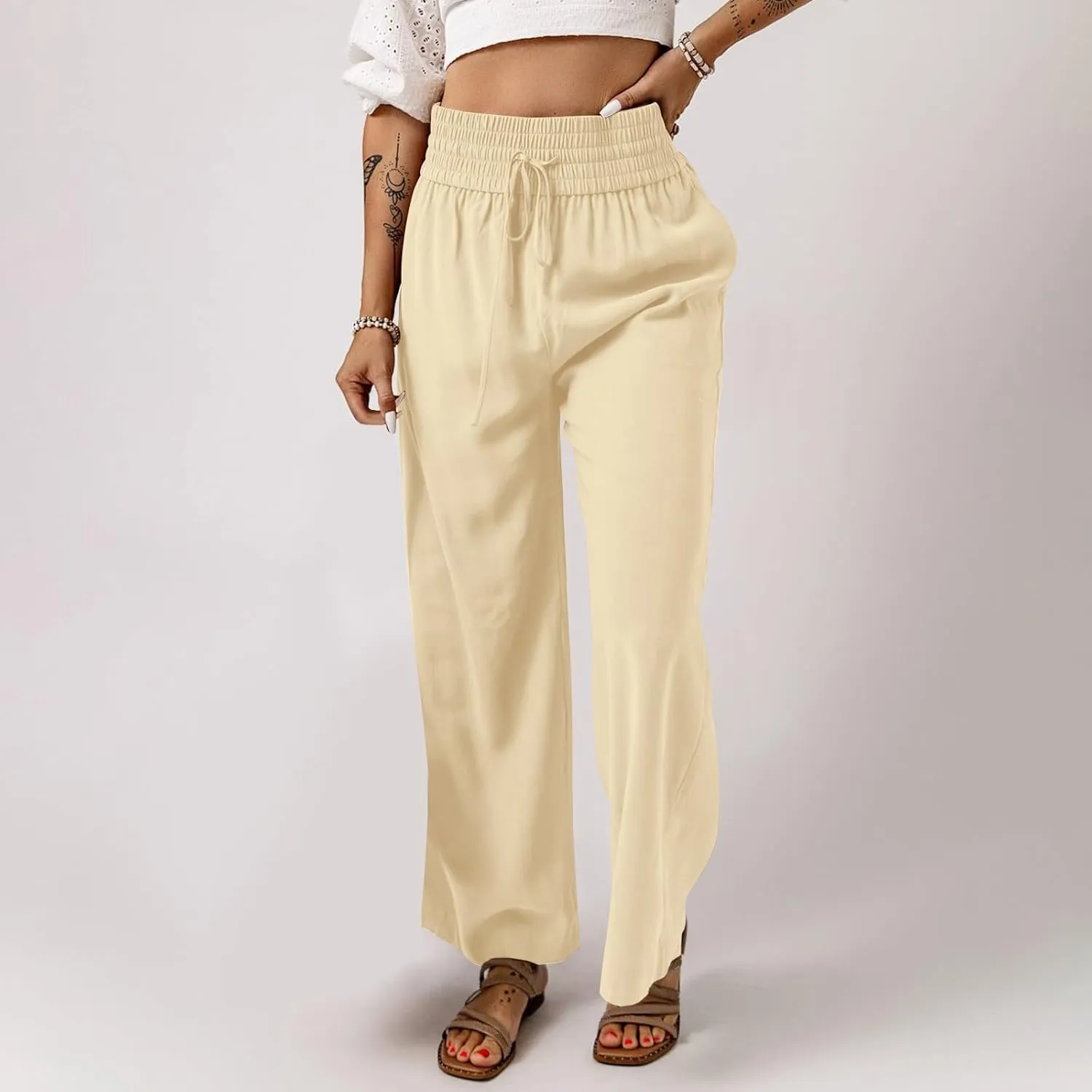 QWENTMTNTY High Waisted Palazzo Pants for Women Cotton Linen Wide Leg Casual Summer Plus Size Long Pants Trousers Pockets