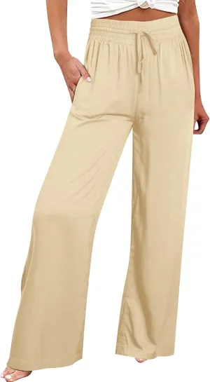 QWENTMTNTY High Waisted Palazzo Pants for Women Cotton Linen Wide Leg Casual Summer Plus Size Long Pants Trousers Pockets