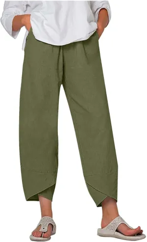 RKSTN Linen Pants Women Summer 2024 Trendy Womens Capri Pants Casual Solid Wide Leg Pants Elastic Waist Cropped Trousers