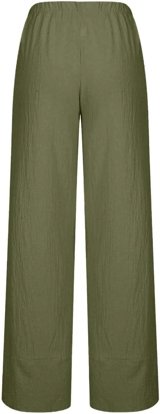 RKSTN Linen Pants Women Summer 2024 Trendy Womens Capri Pants Casual Solid Wide Leg Pants Elastic Waist Cropped Trousers