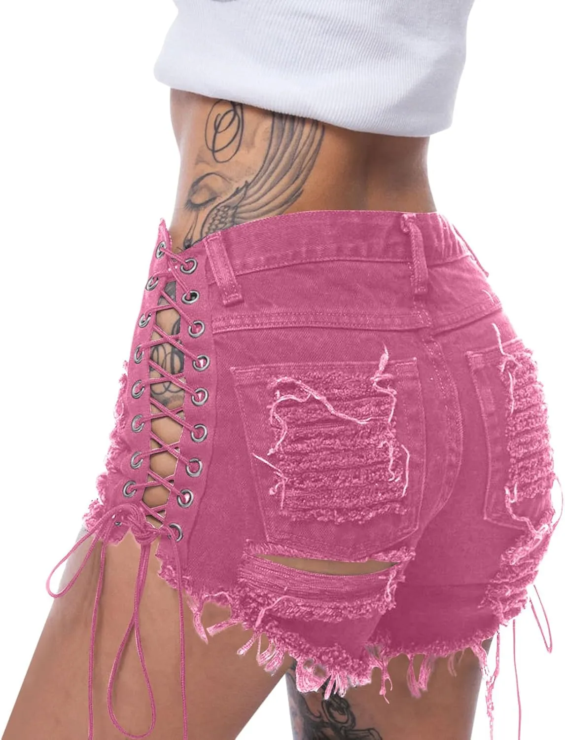 Sexy Distressed Jean Shorts Womens High Waisted Lace Up Denim Shorts with Pockets Night Party Ripped Short Jeans 2025