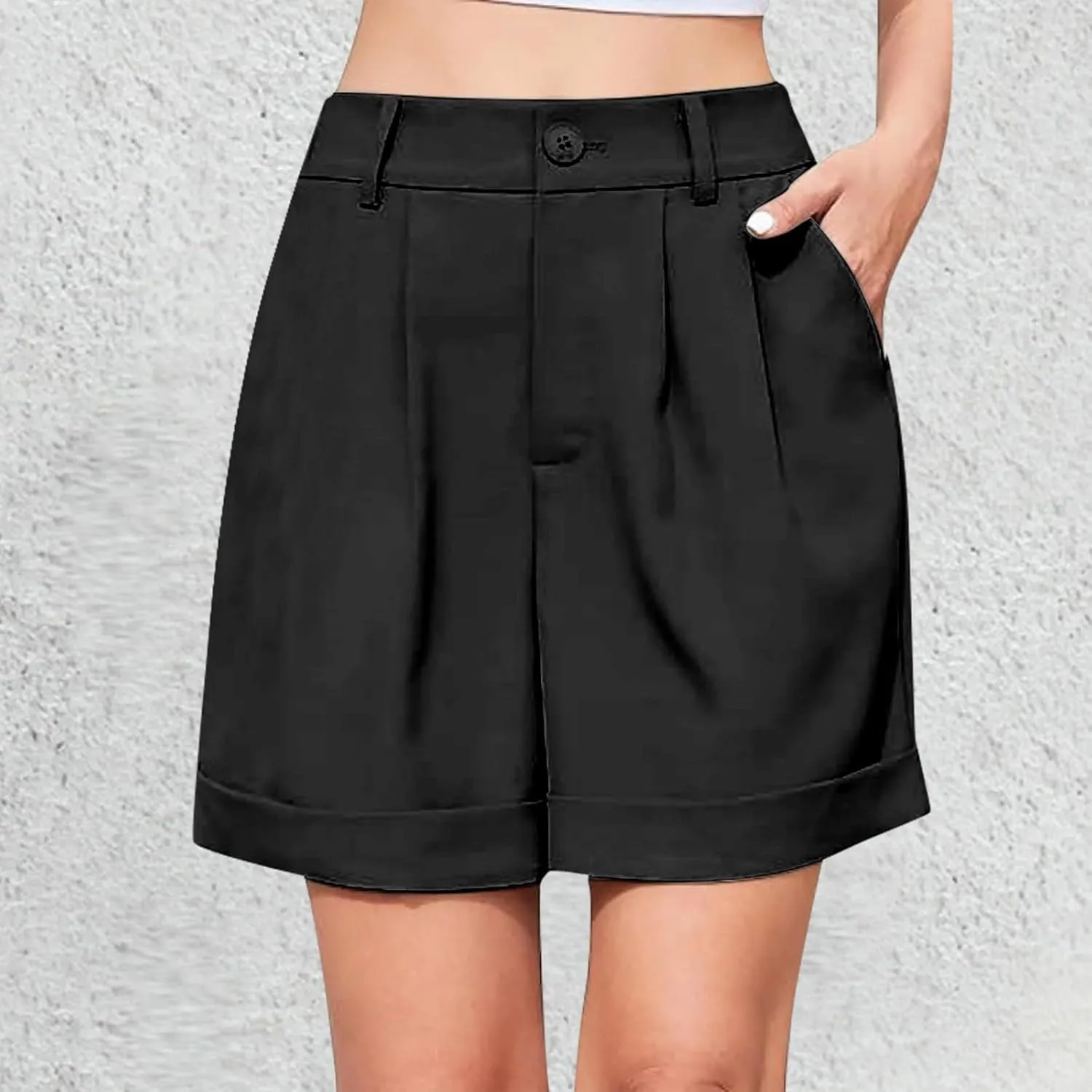 Shorts for Women Bermuda Short Casual Elastic High Waisted Wide Leg Shorts Knee Length Summer Short with Pockets