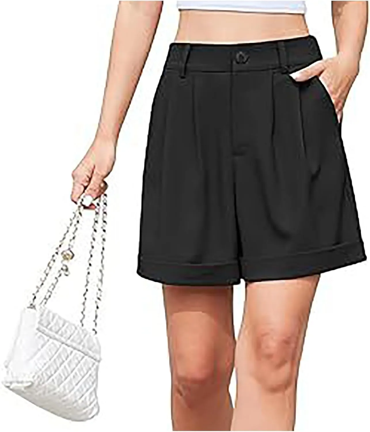 Shorts for Women Bermuda Short Casual Elastic High Waisted Wide Leg Shorts Knee Length Summer Short with Pockets