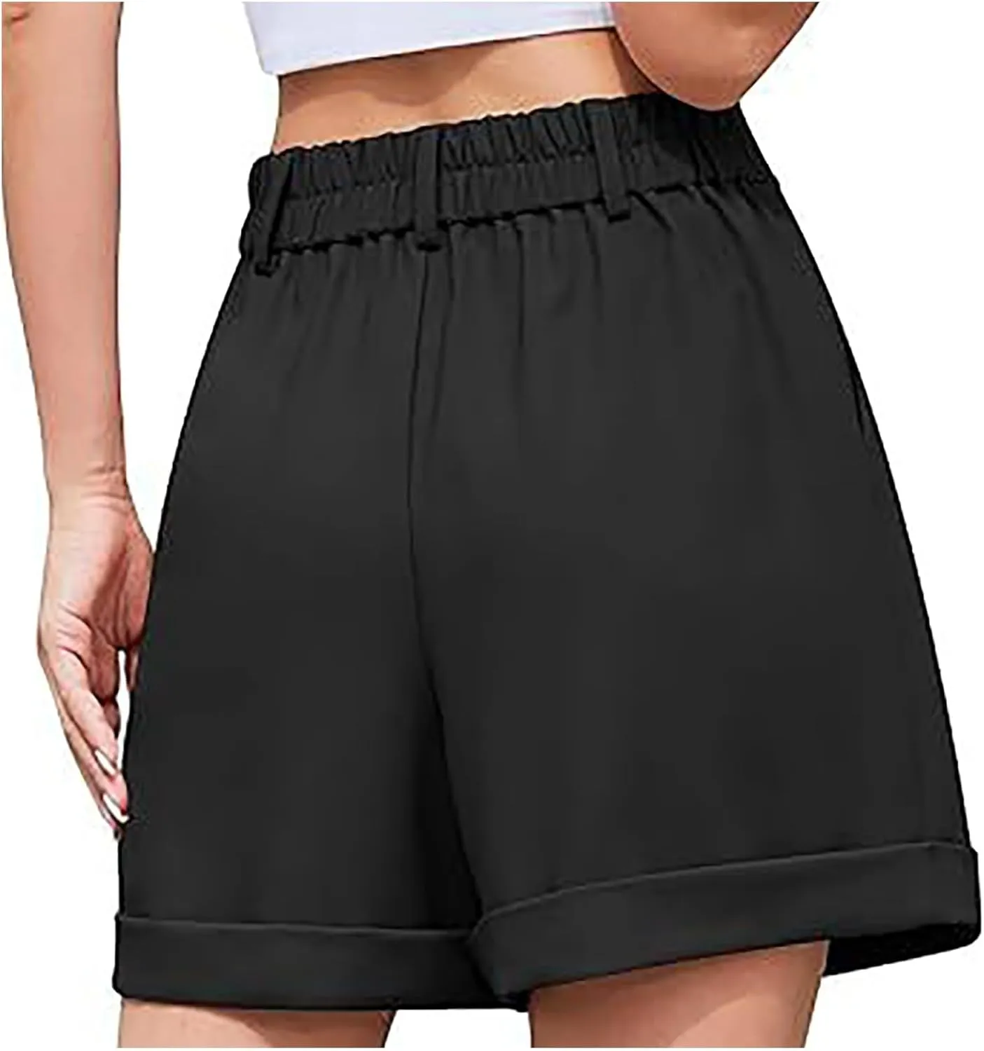 Shorts for Women Bermuda Short Casual Elastic High Waisted Wide Leg Shorts Knee Length Summer Short with Pockets