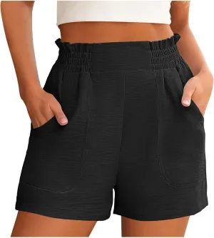 Shorts for Women Solid Color Elastic High Waisted Wide Leg Short Pants with Pockets Summer Casual Lightweight Shorts