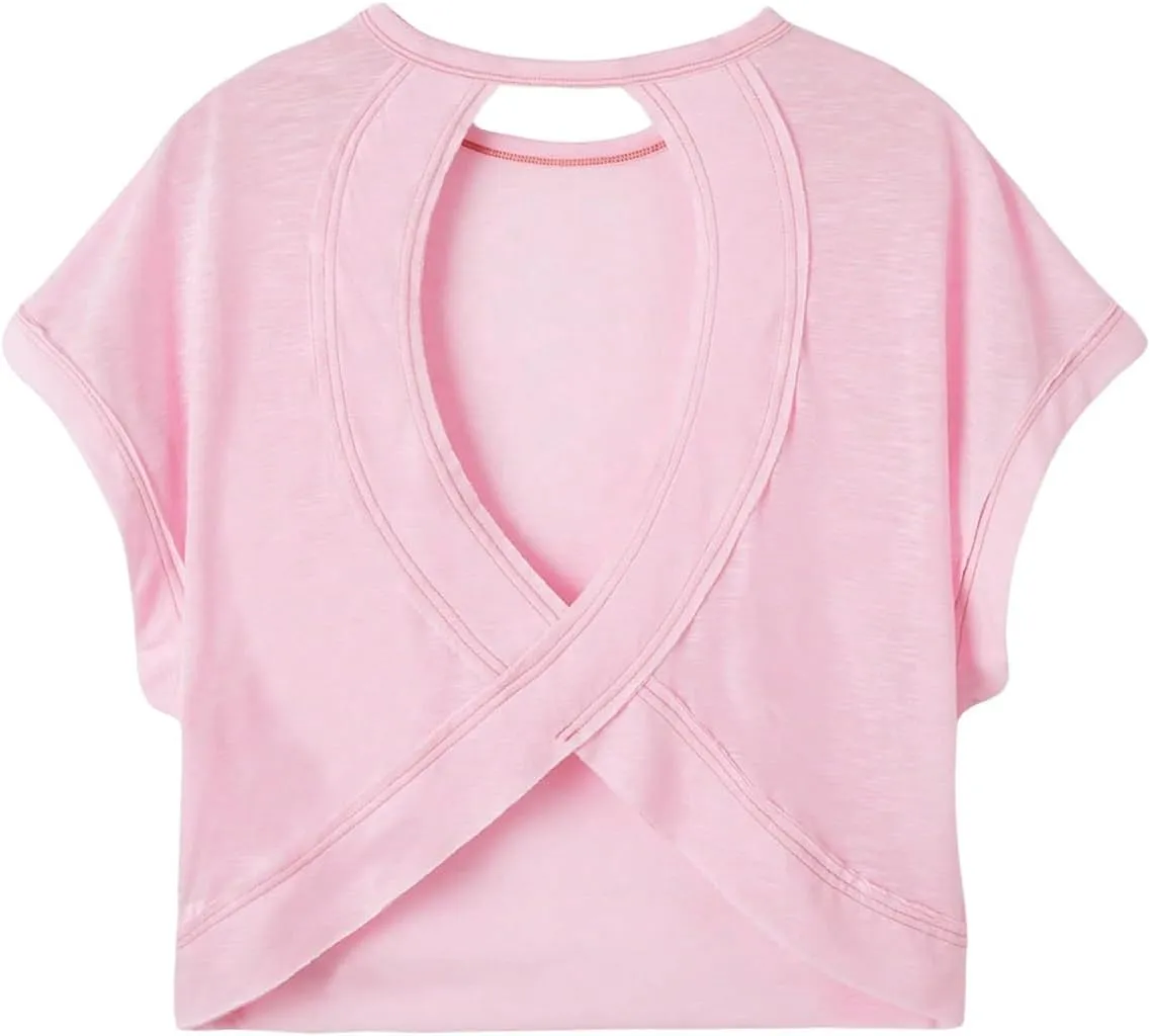 SOLY HUX 2024 Open Back Tops for Women Criss Cross Cut Out Tee Backless Casual Short Sleeve Round Neck T Shirt