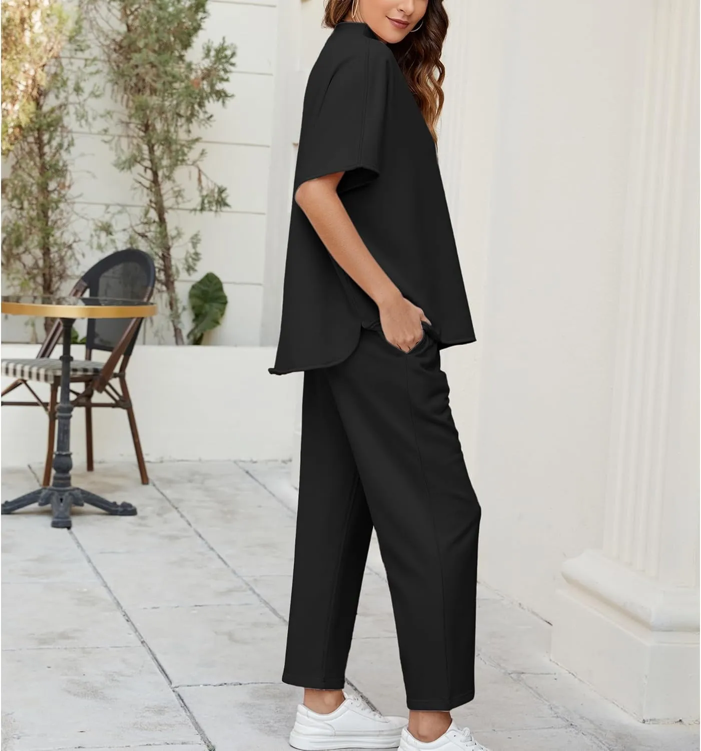 Songling 2 Piece Sets For Women Short Sleeve Pullover Tops and Wide Leg Pants Travel Lounge Matching Set With Pockets