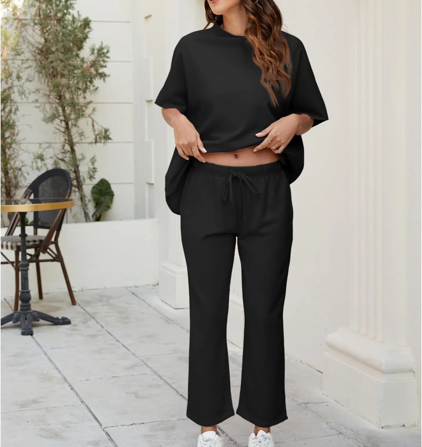 Songling 2 Piece Sets For Women Short Sleeve Pullover Tops and Wide Leg Pants Travel Lounge Matching Set With Pockets
