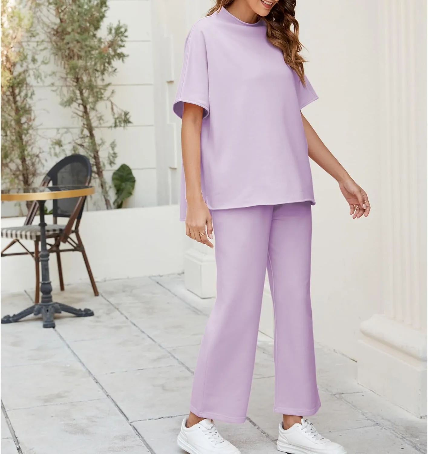 Songling 2 Piece Sets For Women Short Sleeve Pullover Tops and Wide Leg Pants Travel Lounge Matching Set With Pockets