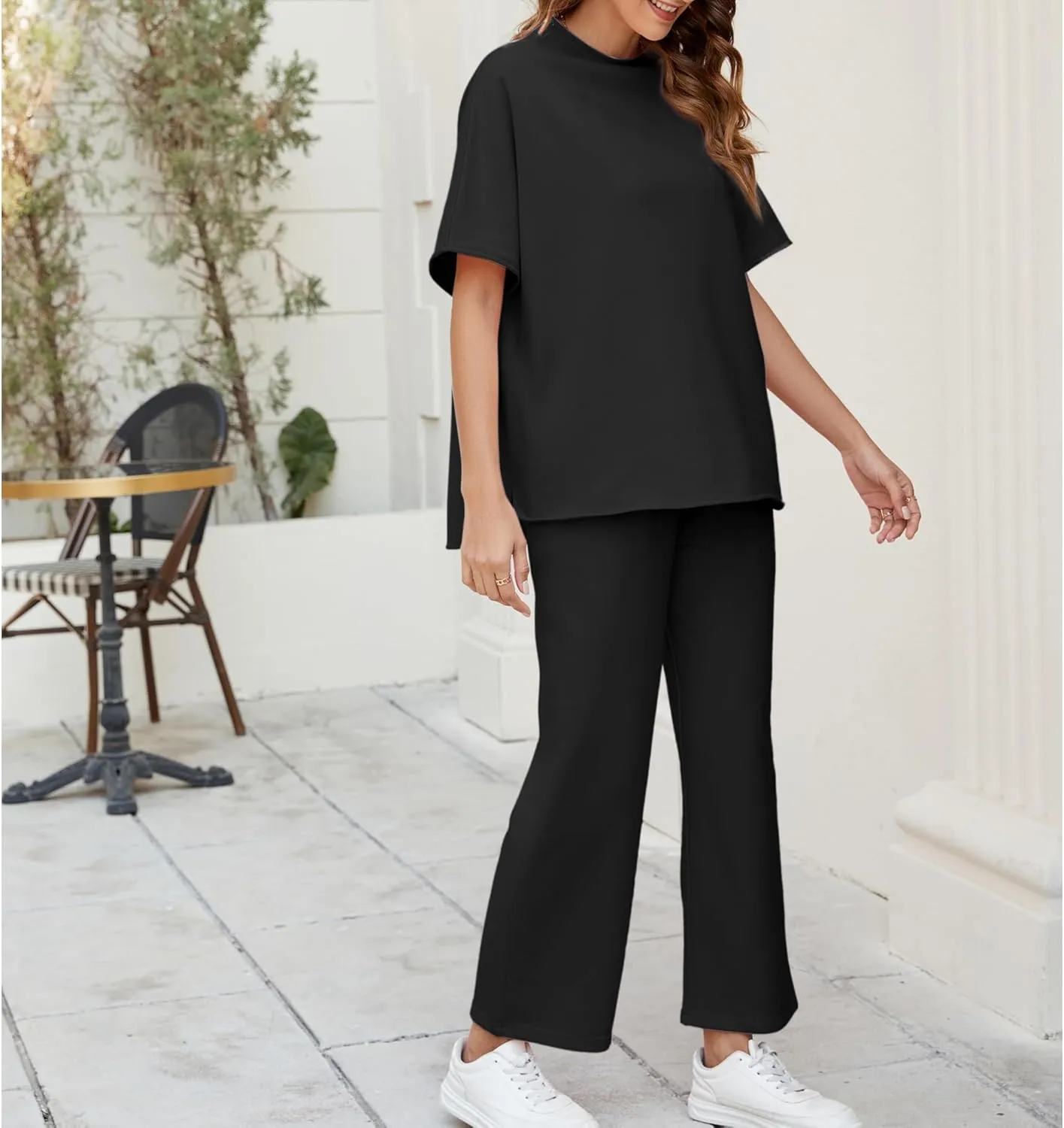 Songling 2 Piece Sets For Women Short Sleeve Pullover Tops and Wide Leg Pants Travel Lounge Matching Set With Pockets