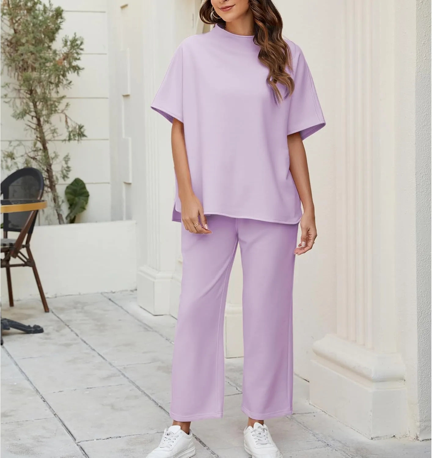 Songling 2 Piece Sets For Women Short Sleeve Pullover Tops and Wide Leg Pants Travel Lounge Matching Set With Pockets
