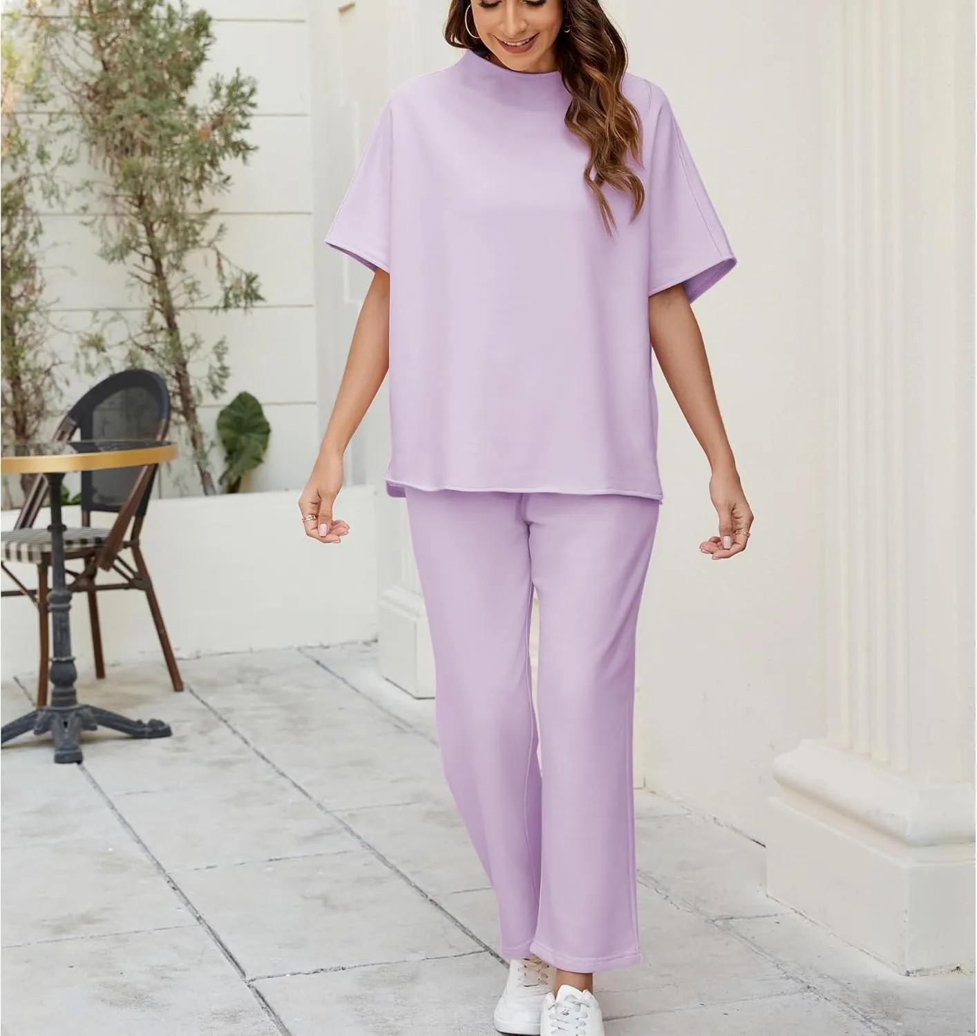 Songling 2 Piece Sets For Women Short Sleeve Pullover Tops and Wide Leg Pants Travel Lounge Matching Set With Pockets