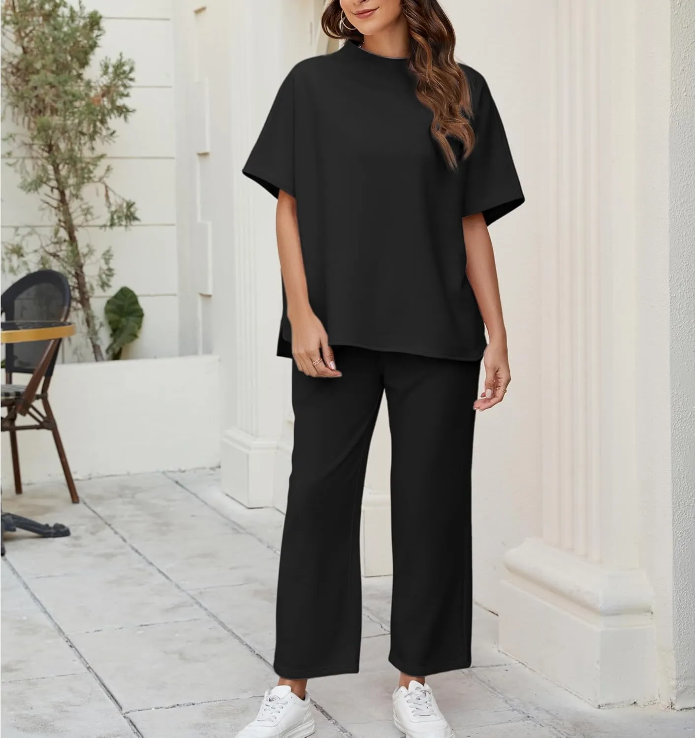 Songling 2 Piece Sets For Women Short Sleeve Pullover Tops and Wide Leg Pants Travel Lounge Matching Set With Pockets