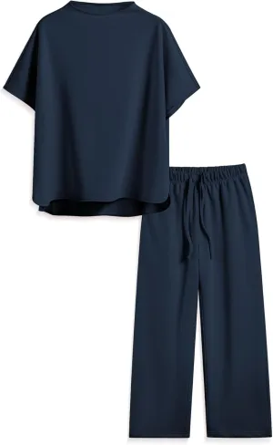 Songling 2 Piece Sets For Women Short Sleeve Pullover Tops and Wide Leg Pants Travel Lounge Matching Set With Pockets