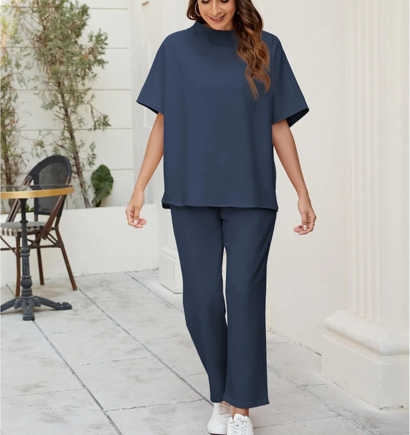 Songling 2 Piece Sets For Women Short Sleeve Pullover Tops and Wide Leg Pants Travel Lounge Matching Set With Pockets