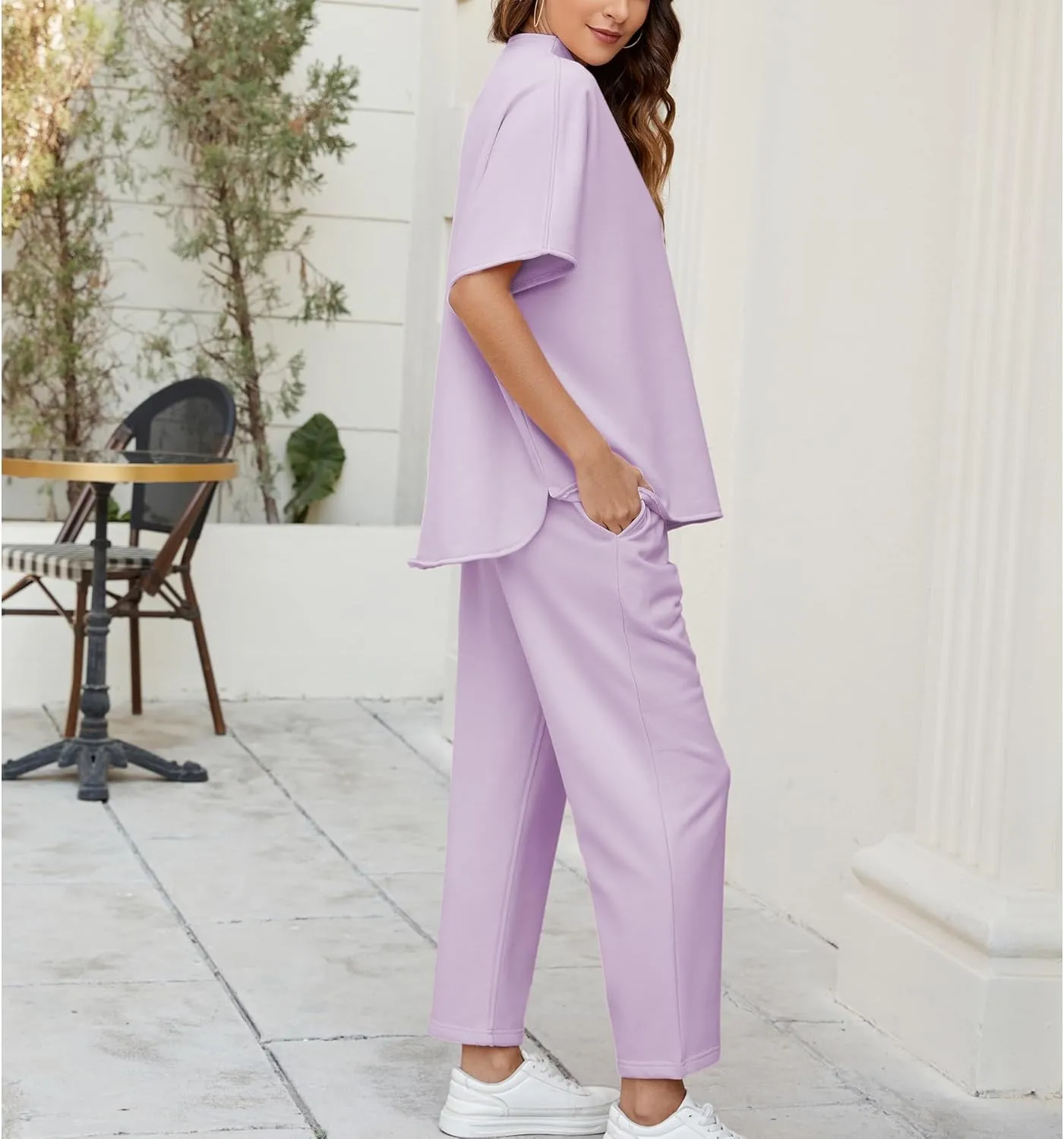 Songling 2 Piece Sets For Women Short Sleeve Pullover Tops and Wide Leg Pants Travel Lounge Matching Set With Pockets