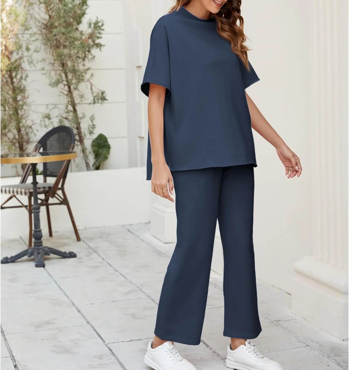 Songling 2 Piece Sets For Women Short Sleeve Pullover Tops and Wide Leg Pants Travel Lounge Matching Set With Pockets