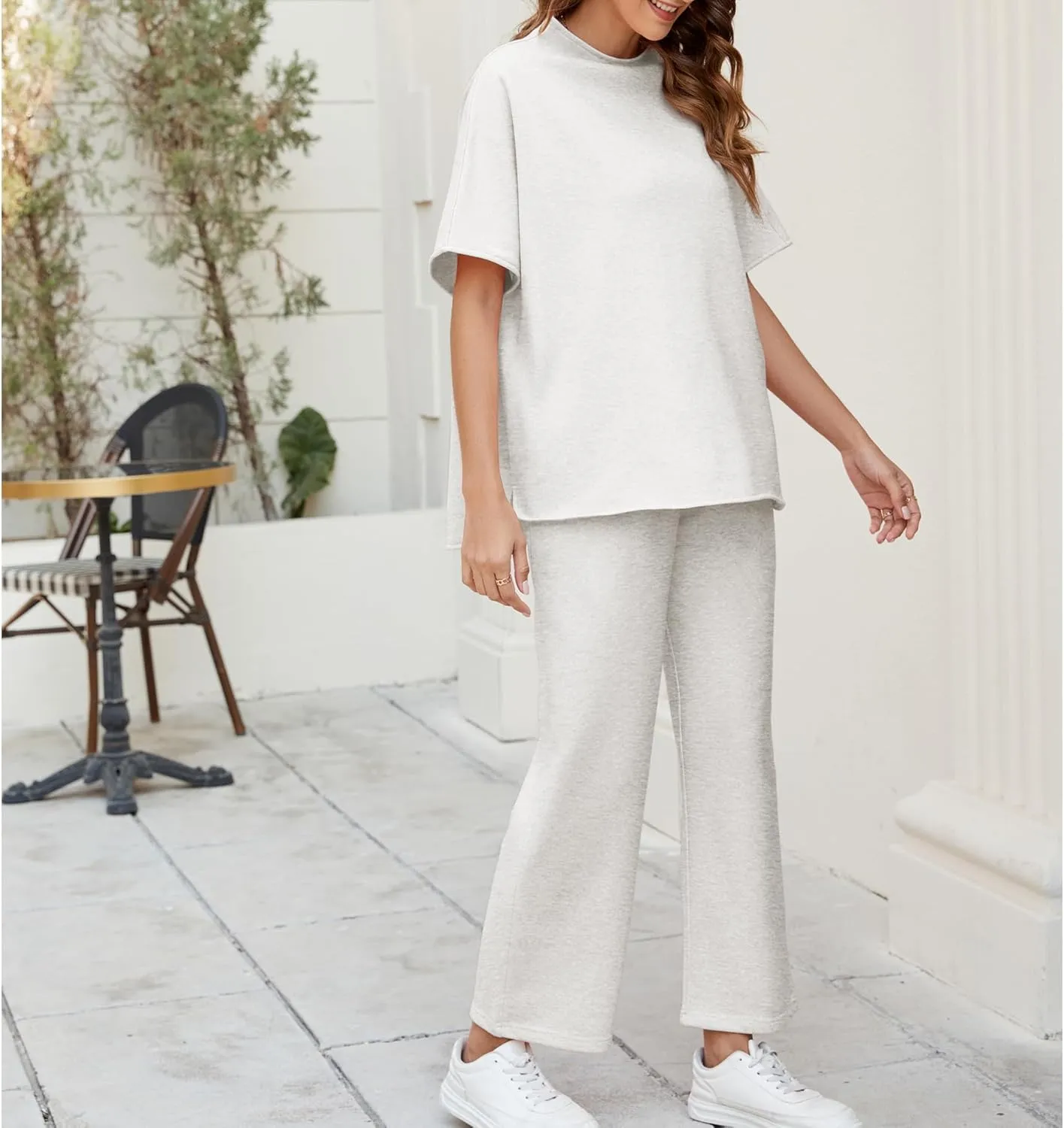 Songling 2 Piece Sets For Women Short Sleeve Pullover Tops and Wide Leg Pants Travel Lounge Matching Set With Pockets