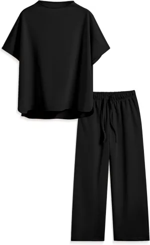Songling 2 Piece Sets For Women Short Sleeve Pullover Tops and Wide Leg Pants Travel Lounge Matching Set With Pockets