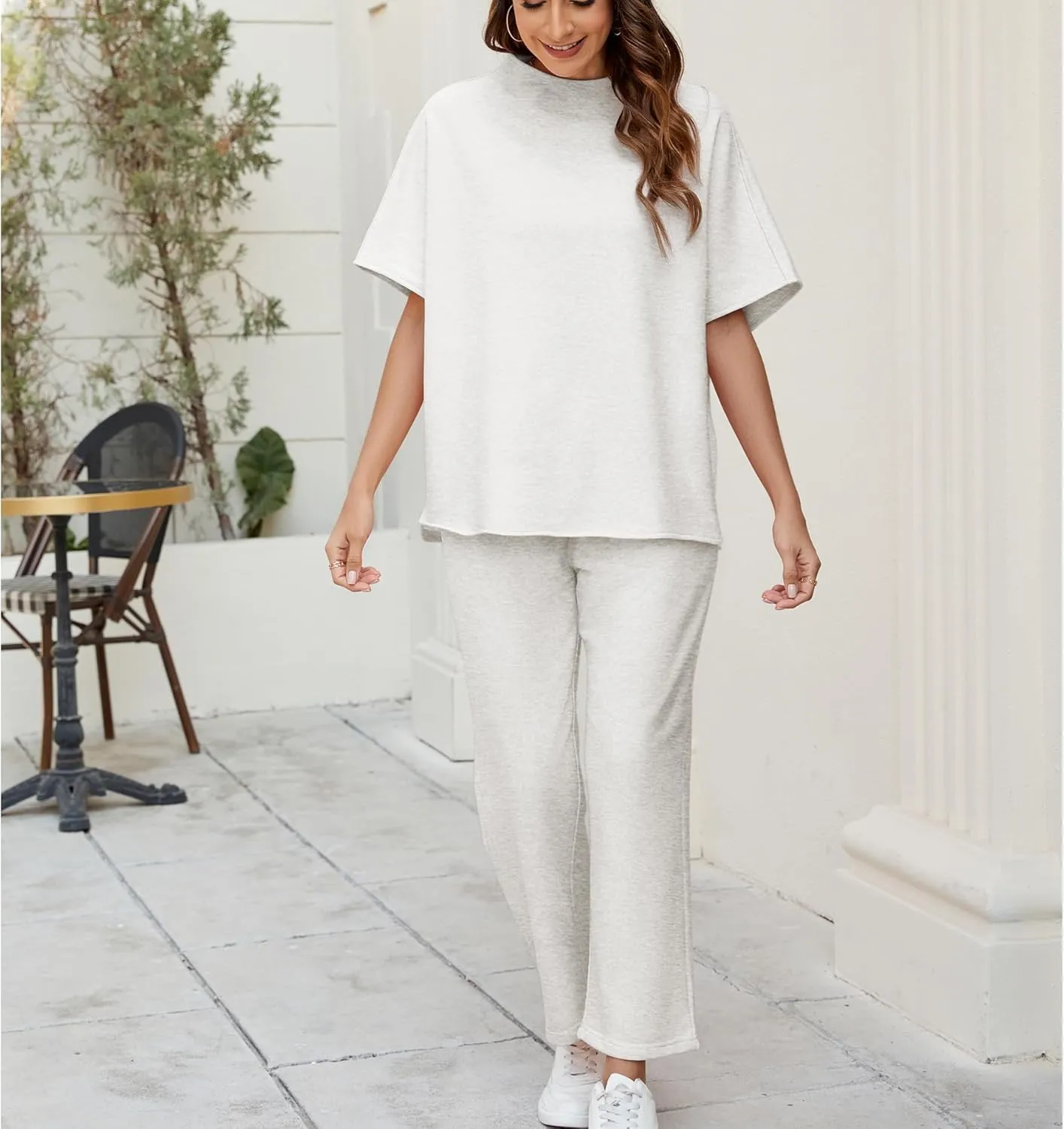 Songling 2 Piece Sets For Women Short Sleeve Pullover Tops and Wide Leg Pants Travel Lounge Matching Set With Pockets